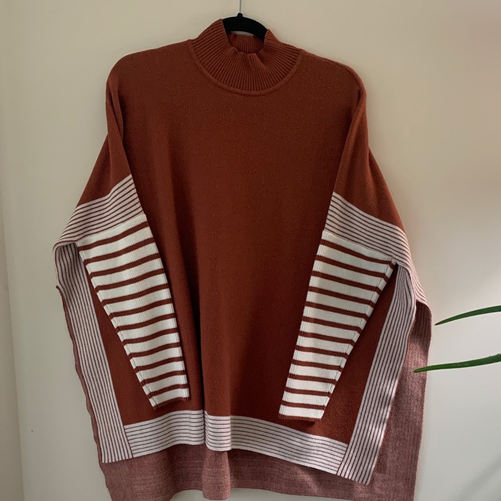 Zenana Women's Rust and White Striped Turtleneck Sweater oversized Boxy SZ M